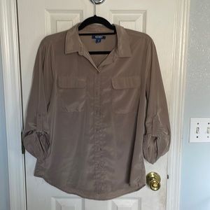brown button up blouse type of shirt